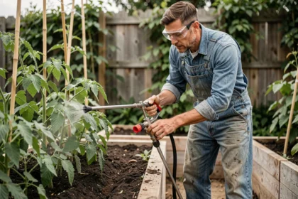 Homme utilisant un pulvérisateur à main dans un potager pour traiter des plants de tomates