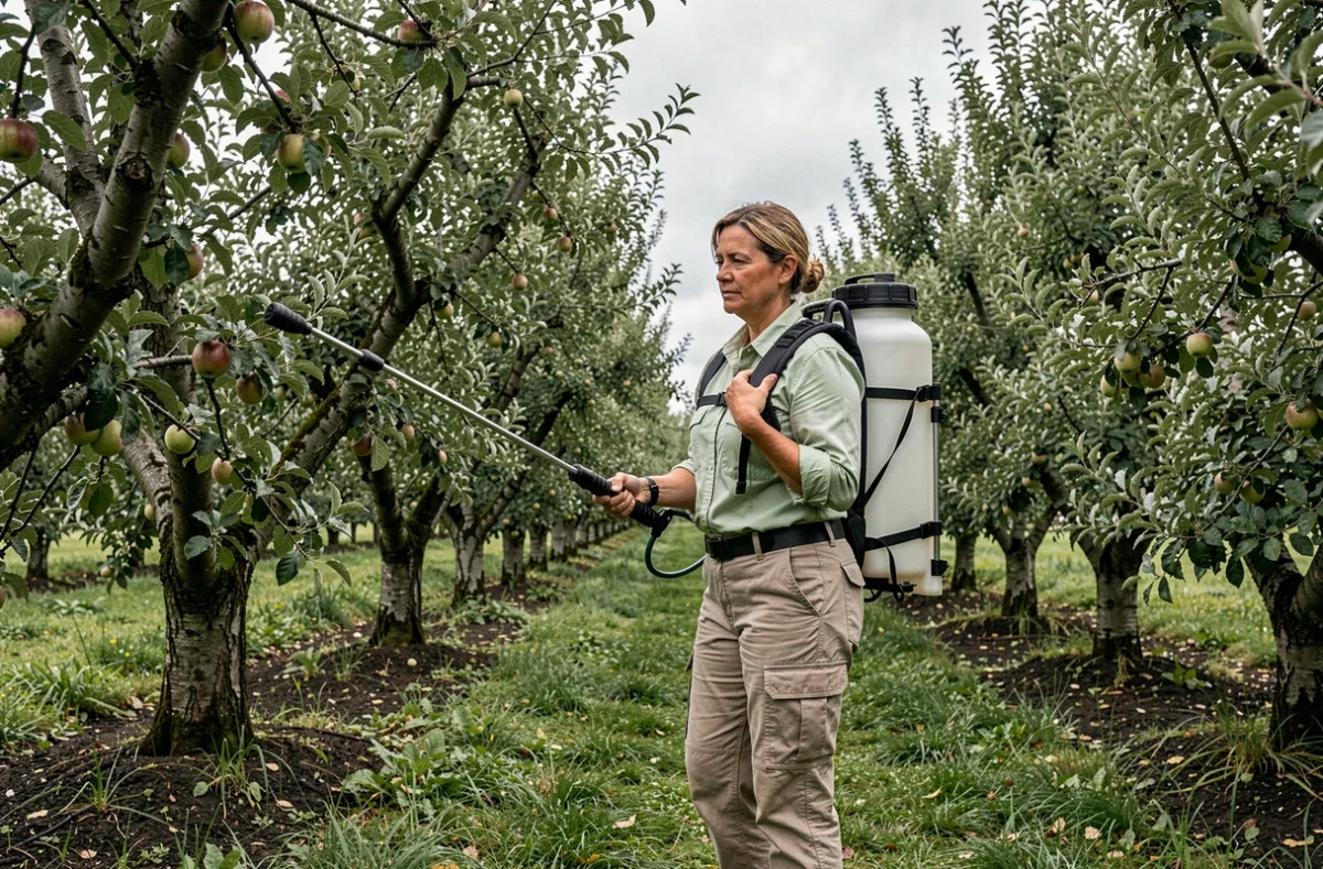 Femme utilisant un pulvérisateur à dos professionnel dans un verger de pommiers