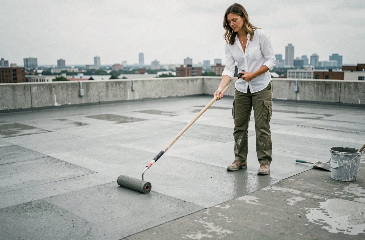 Femme appliquant un enduit de ragréage sur une terrasse en béton extérieure avec un rouleau à long manche