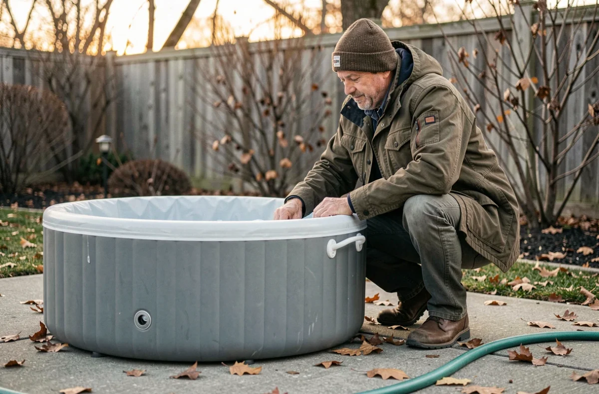 Homme vidant et rangeant un spa Intex gonflable avant l'hiver dans un jardin