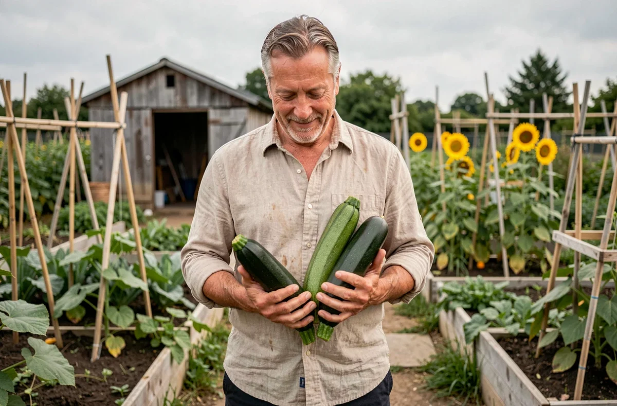 Homme âgé tenant fièrement deux courgettes fraîchement récoltées dans son jardin potager, avec un cabanon en bois et des tournesols en arrière-plan