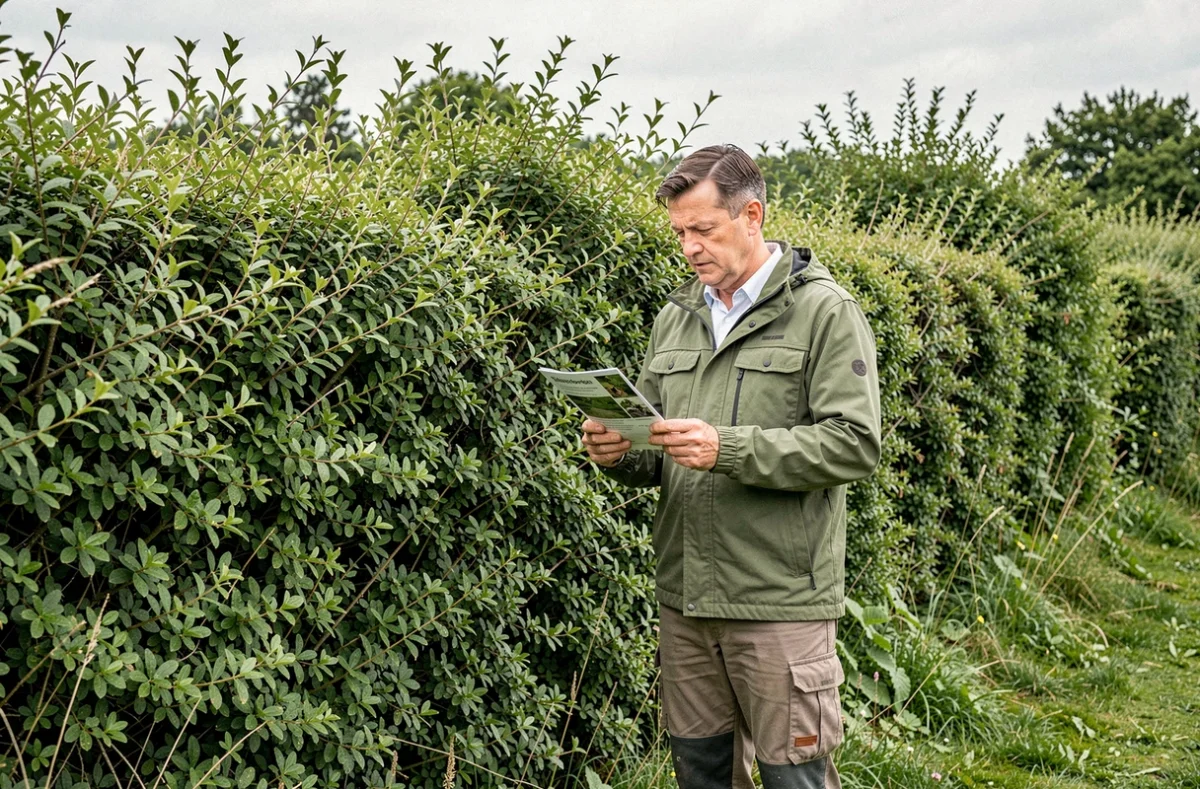Homme consultant un document sur les règles de taille des haies devant une haie sauvage en été, période réglementée pour la nidification des oiseaux