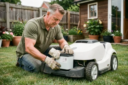 Homme retirant la batterie d'une tondeuse robot dans un jardin suburban pour vérifier son état et sa durée de vie