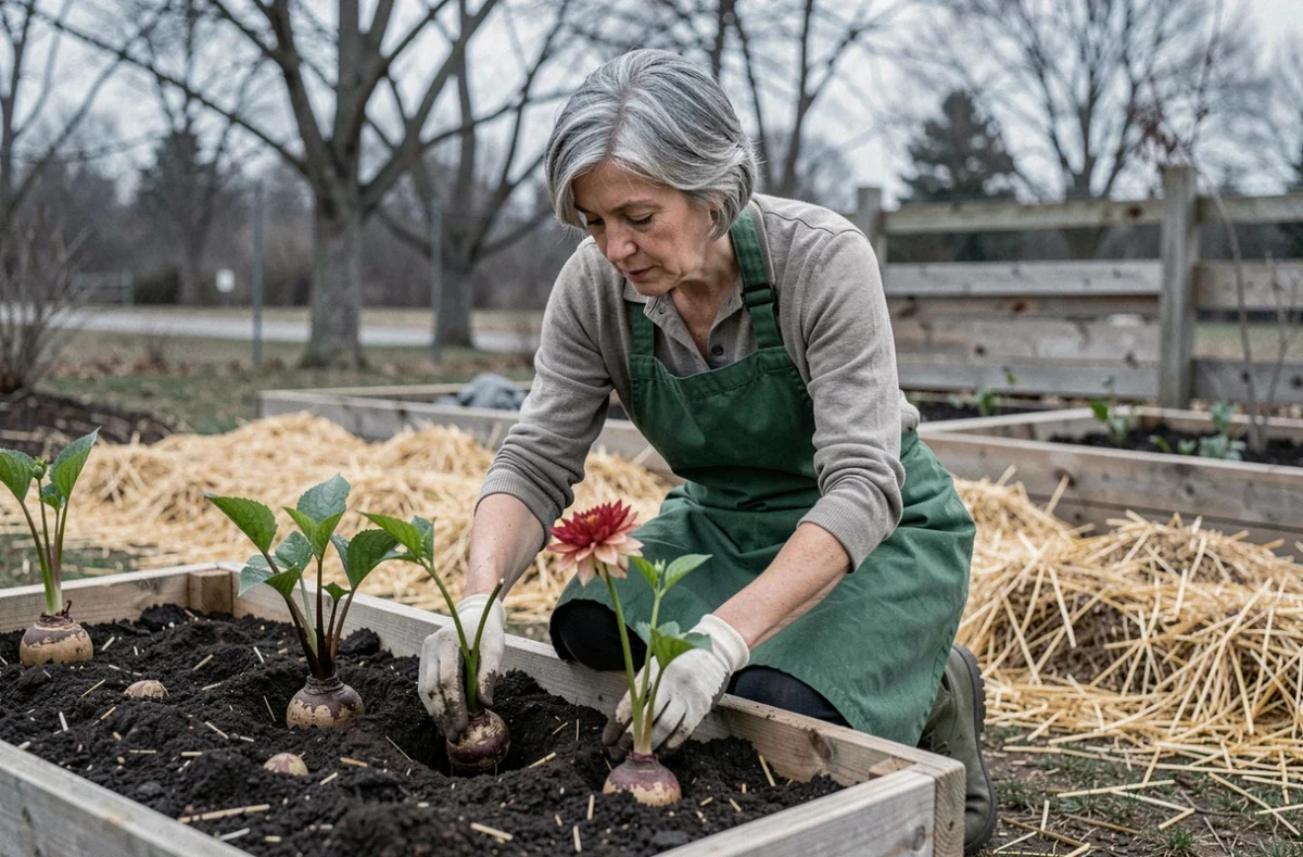 Femme qui replante des tubercules de dahlia dans un potager surélevé au printemps