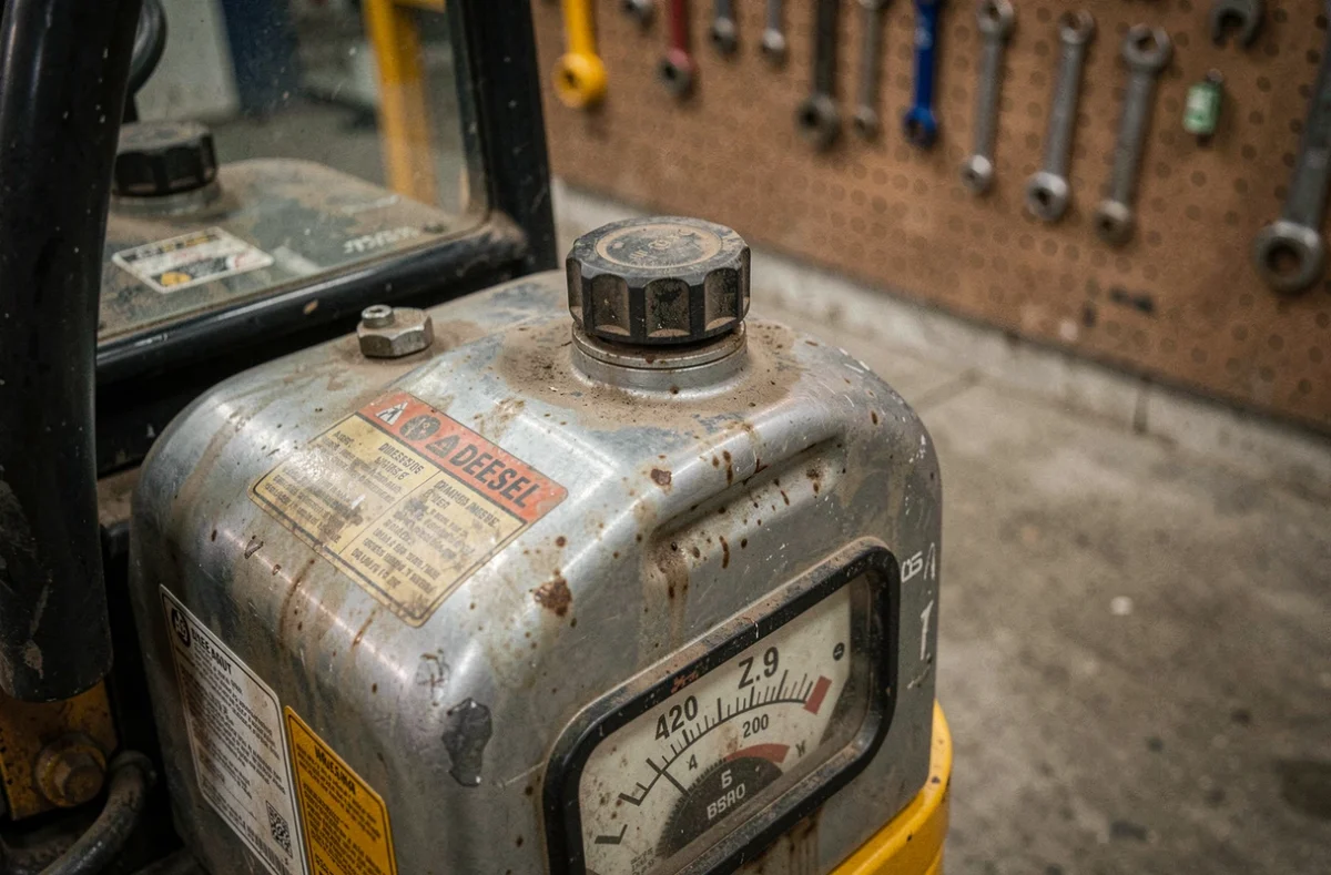 Gros plan sur le réservoir de carburant diesel d'une mini-pelle avec jauge de niveau visible