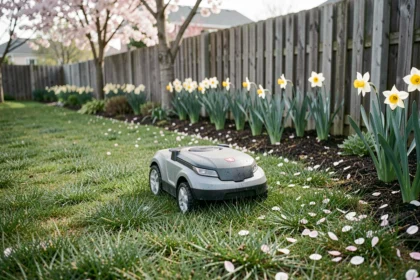 Robot tondeuse autonome en fonctionnement dans un jardin au printemps avec pelouse verte et jonquilles en fleurs