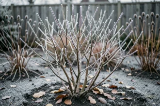 Rosier recouvert de givre en hiver dans un jardin avec des cannes glacées et un sol gelé