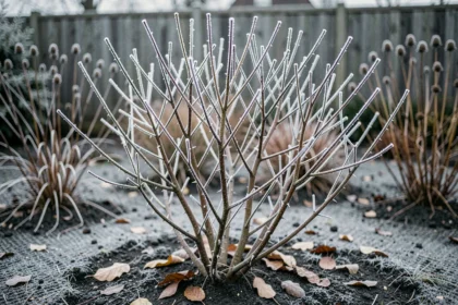 Rosier recouvert de givre en hiver dans un jardin avec des cannes glacées et un sol gelé