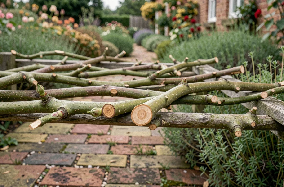 Rosier taillé et palissé en horizontal sur un treillis en bois pour contrôler sa croissance en hauteur