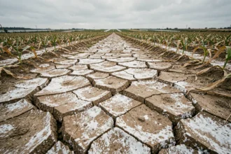 Champ agricole dégradé par la salinisation du sol due à une irrigation excessive, avec des dépôts minéraux blancs en surface et des cultures fanées en arrière-plan