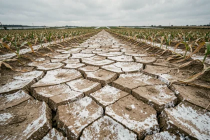 Champ agricole dégradé par la salinisation du sol due à une irrigation excessive, avec des dépôts minéraux blancs en surface et des cultures fanées en arrière-plan