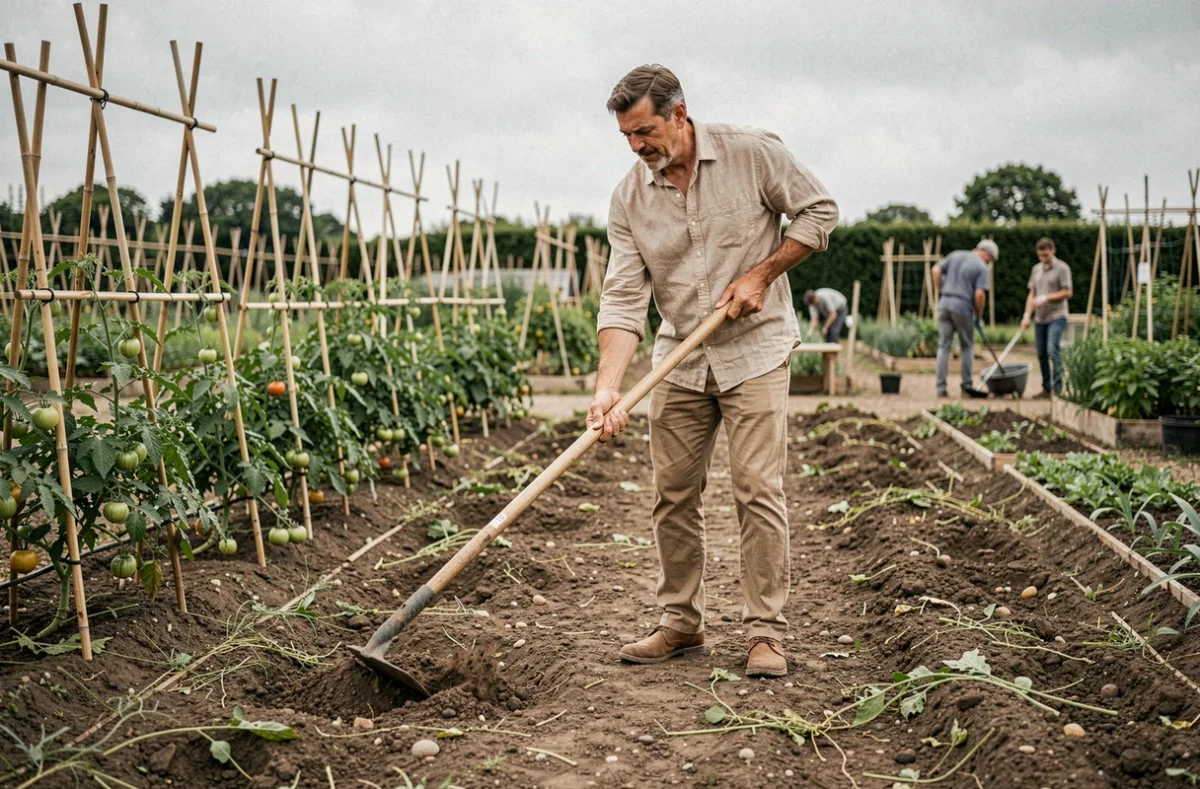 Homme sarclant un grand potager en plein air avec une houe à lame oscillante dans un jardin ouvrier