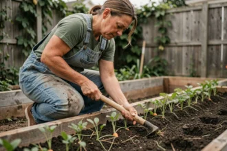 Femme qui sarcle un potager avec une binette entre des rangs de carottes dans un jardin familial