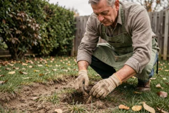 Homme semant de la graine de gazon dans les zones dénudées d'une pelouse en automne