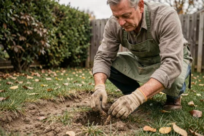 Homme semant de la graine de gazon dans les zones dénudées d'une pelouse en automne
