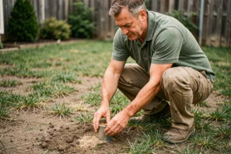Homme qui sème des graines de gazon à la main sur une pelouse clairsemée dans un jardin résidentiel