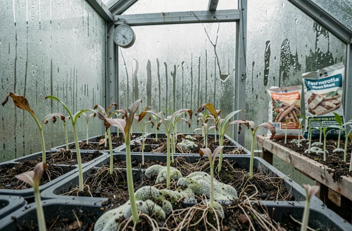 Semis malades et étiolés dans des plateaux de culture à l'intérieur d'une serre humide avec condensation sur les vitres