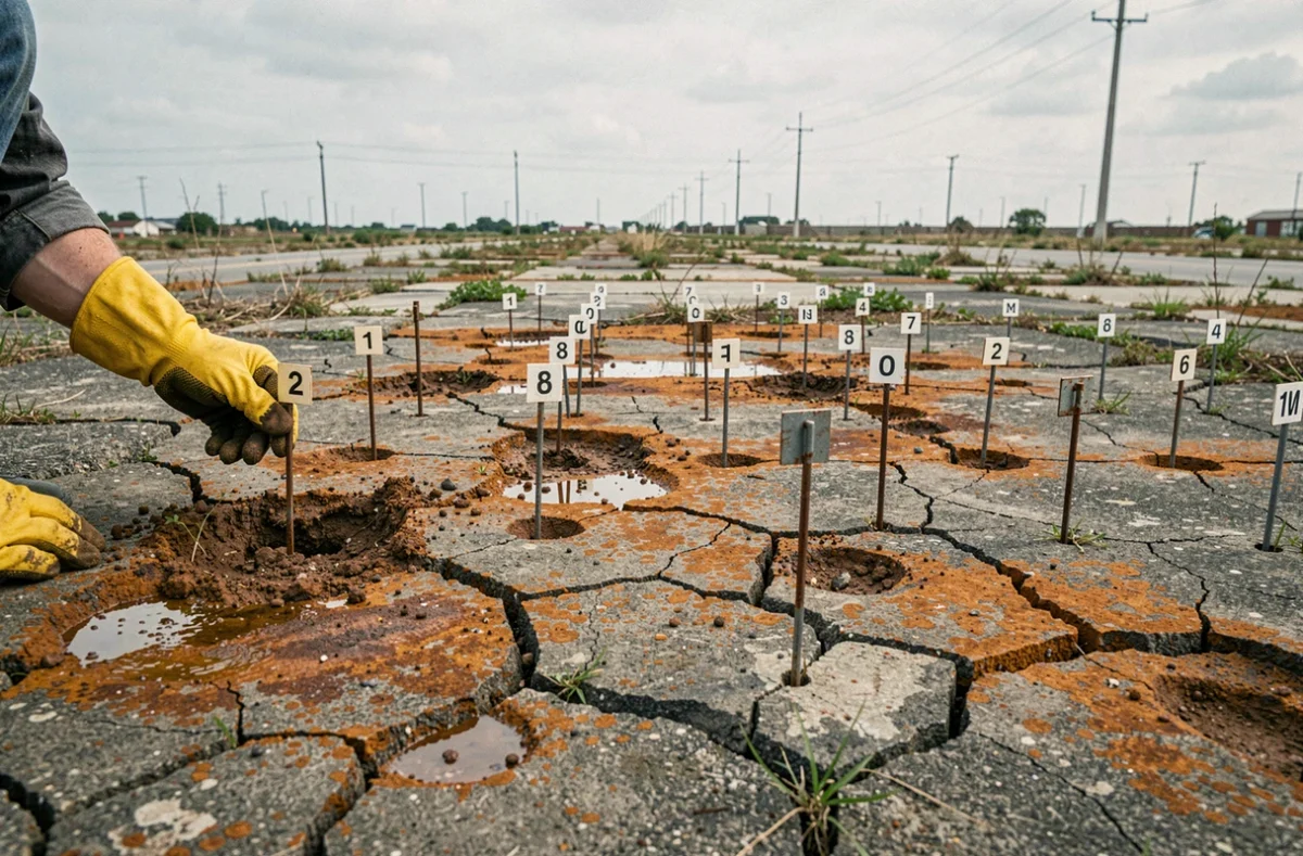 Site de mesure de contamination des sols avec des marqueurs numérotés plantés dans une terre décolorée et dégradée en zone urbaine