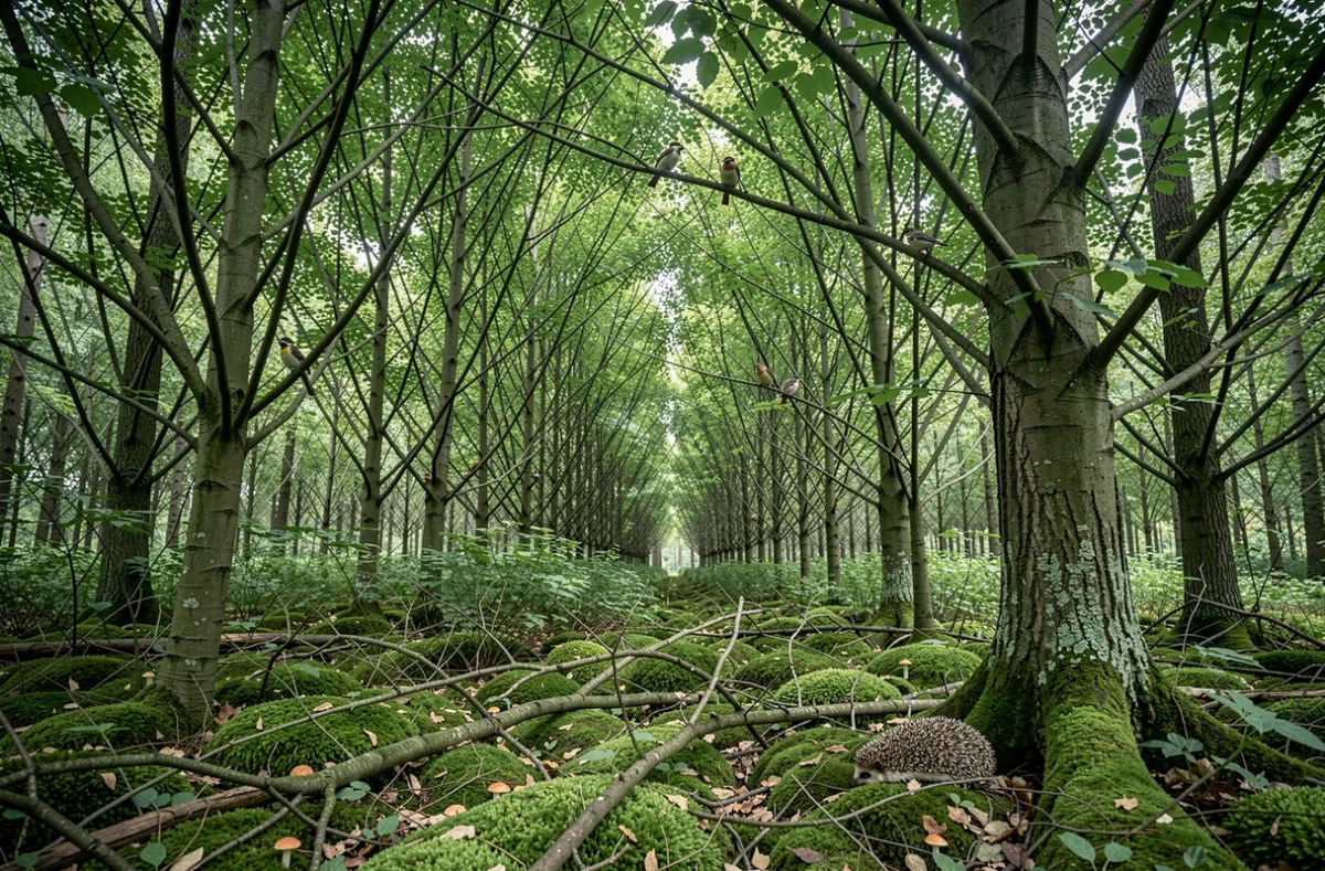 Sous-bois européen avec noisetiers et cerisiers sauvages abritant oiseaux et hérisson, symbole d'un écosystème forestier riche en biodiversité