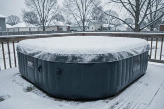 Spa Intex gonflable recouvert de neige laissé dehors en hiver sur une terrasse en bois