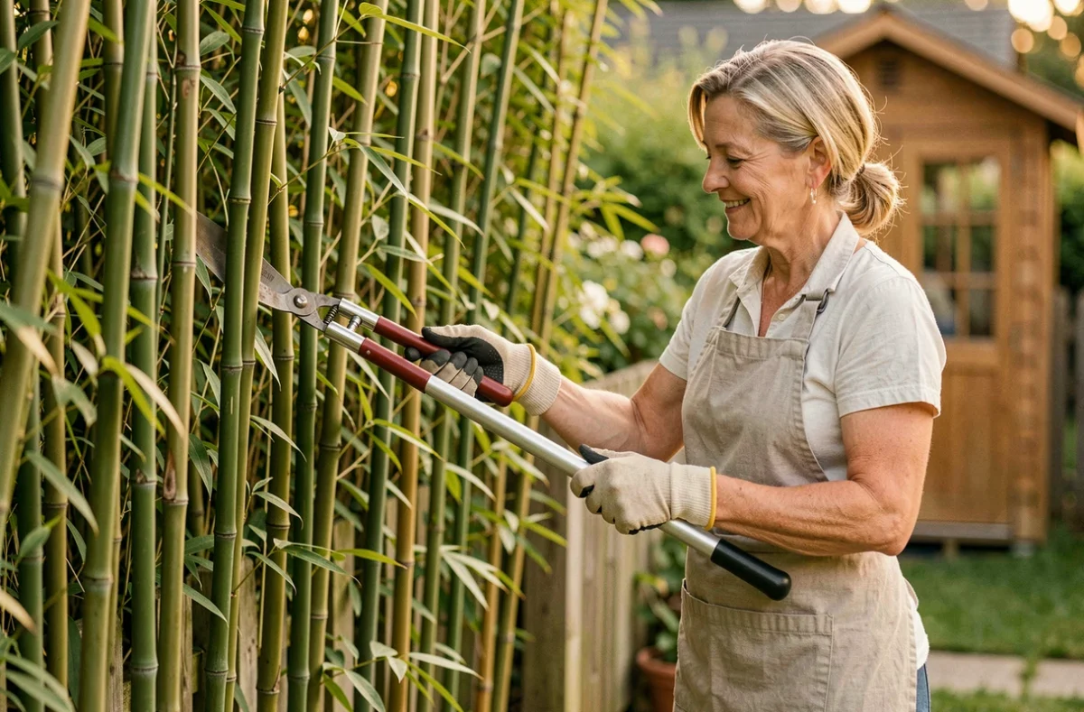 Femme jardinière taillant une haie de bambou haute pour préserver l'intimité d'un jardin