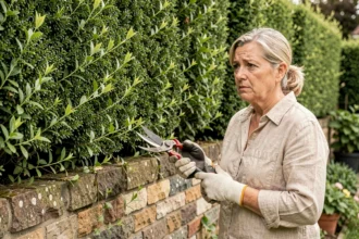 Femme qui s'apprête à tailler une haie dans un jardin résidentiel au printemps, illustrant la période de nidification des oiseaux