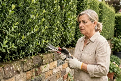 Femme qui s'apprête à tailler une haie dans un jardin résidentiel au printemps, illustrant la période de nidification des oiseaux