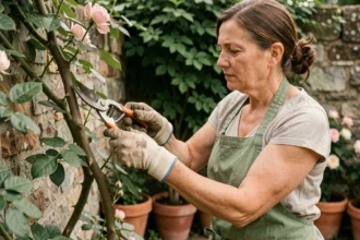 Femme jardinière taillant un rosier grimpant avec un sécateur pour limiter sa hauteur dans un jardin en pierre