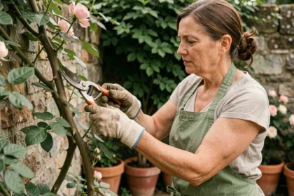 Femme jardinière taillant un rosier grimpant avec un sécateur pour limiter sa hauteur dans un jardin en pierre