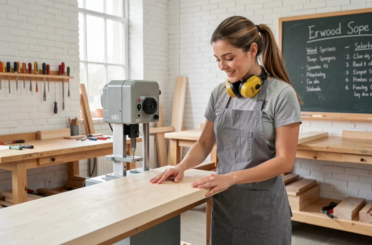Femme menuisière inspectant la surface lisse d'une planche en érable après passage dans un rabot à tête hélicoïdale dans un atelier école