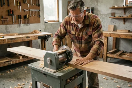 Menuisier utilisant un rabot à épaisseur équipé d'une tête de coupe hélicoïdale pour planifier une planche en chêne dans un atelier artisanal