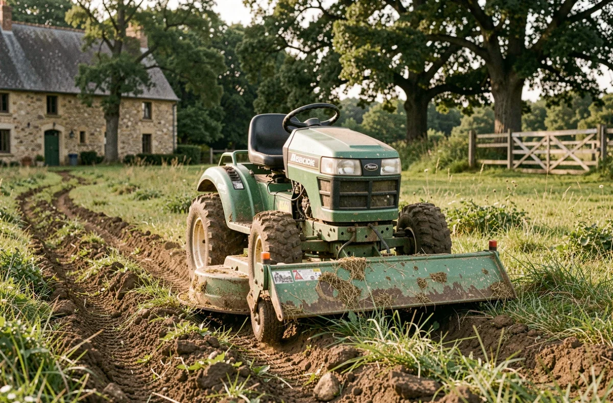 Tondeuse à conducteur porté sur un terrain vallonné et irrégulier en milieu rural
