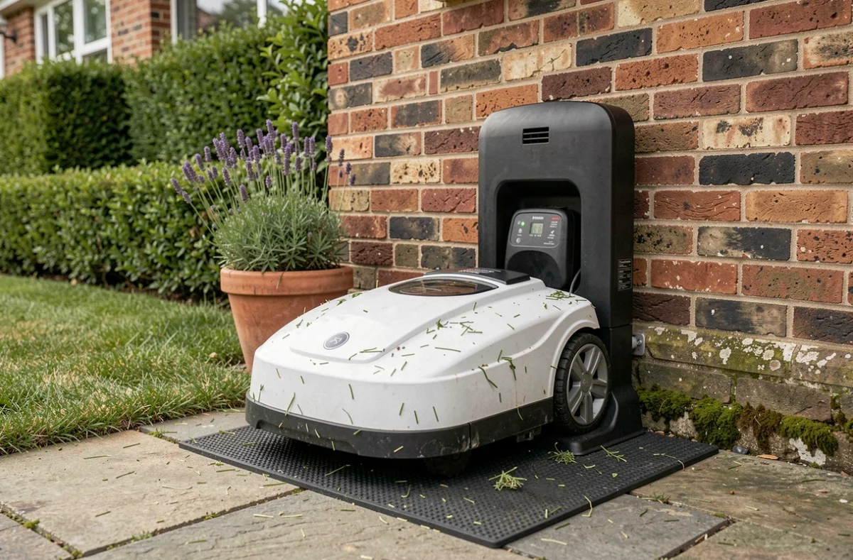 Tondeuse robot en charge sur sa station d'accueil fixée contre un mur en brique dans un jardin résidentiel bien entretenu