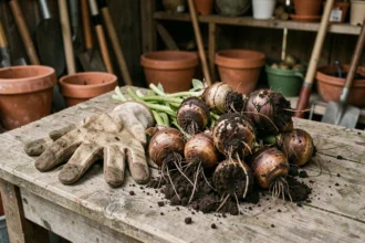 Tubercules de dahlia fraîchement déterrés posés sur un établi en bois avec des gants de jardinage