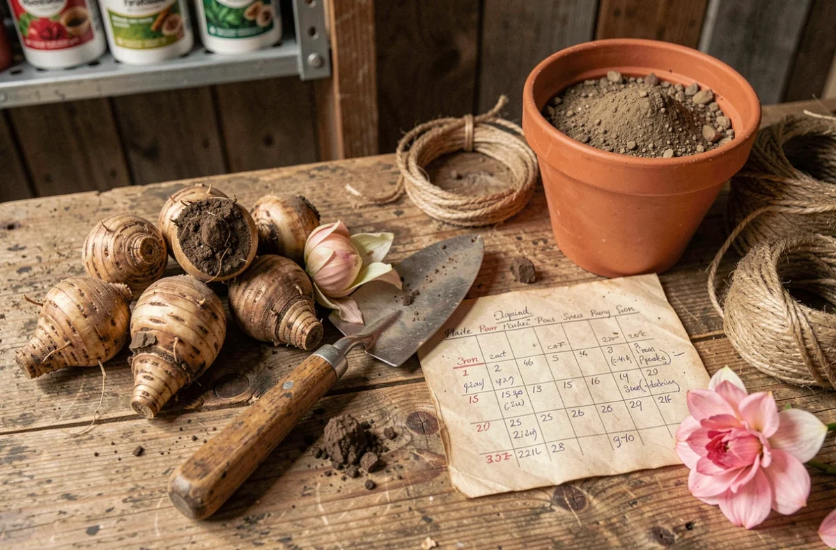Tubercules de dahlias et bulbes de glaïeuls posés sur un établi de jardin avec un calendrier de plantation