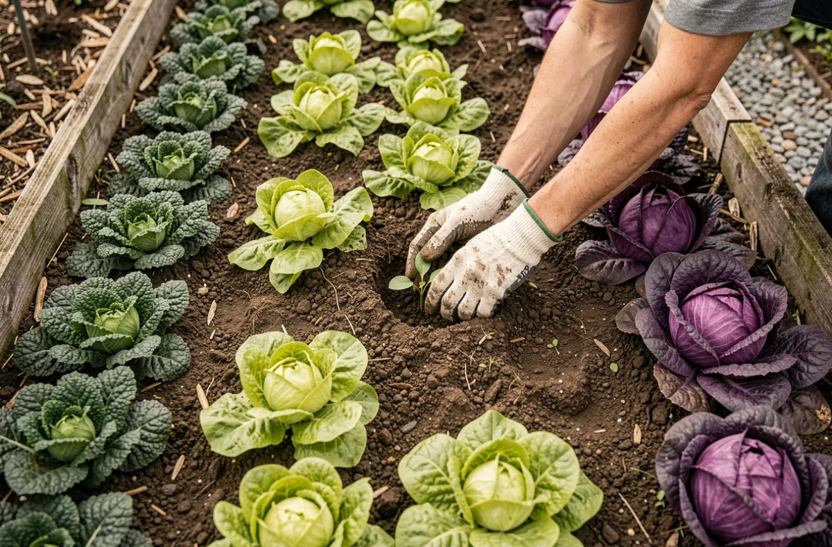 Vue aérienne d'un potager avec des rangées alternées de légumes variés et des mains de jardinière plantant un semis