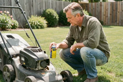 Homme appliquant du WD-40 sous le plateau d'une tondeuse à gazon dans un jardin résidentiel pour empêcher l'herbe de coller