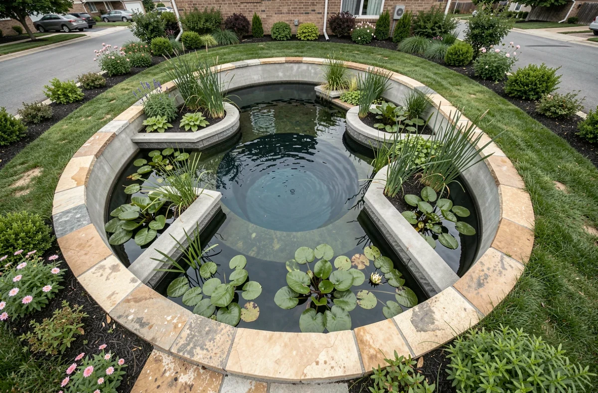 Vue en plongée d'un étang ornemental de jardin montrant les différentes zones de profondeur avec plantes aquatiques et margelles en pierre